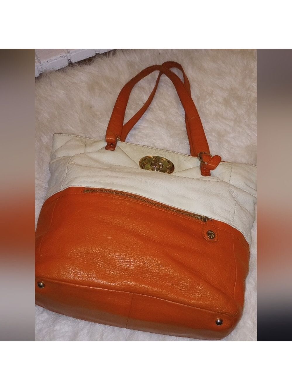 Emma Fox Colorblock Shoulder Bag. Goldtone Hardware. Double Sided. Logo. Orange. - Picture 9 of 13
